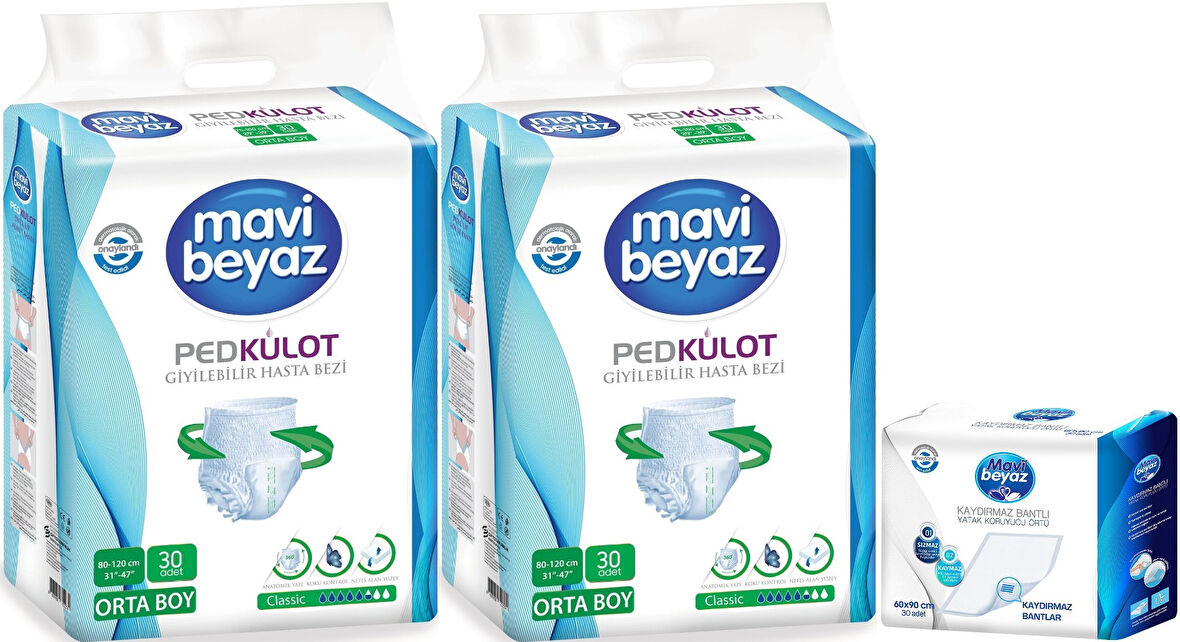 Mavi Beyaz Ped Emici Külot Hasta Bezi M - Medium Orta 60 Adet + Yatak Koruyucu Örtü 60*90CM 30 Adet
