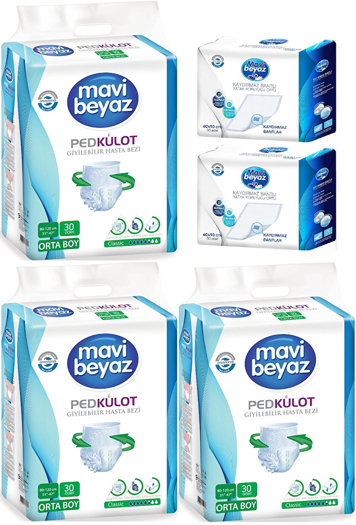 Mavi Beyaz Ped Emici Külot Hasta Bezi M - Medium Orta 90 Adet + Yatak Koruyucu Örtü 60*90CM 60 Adet