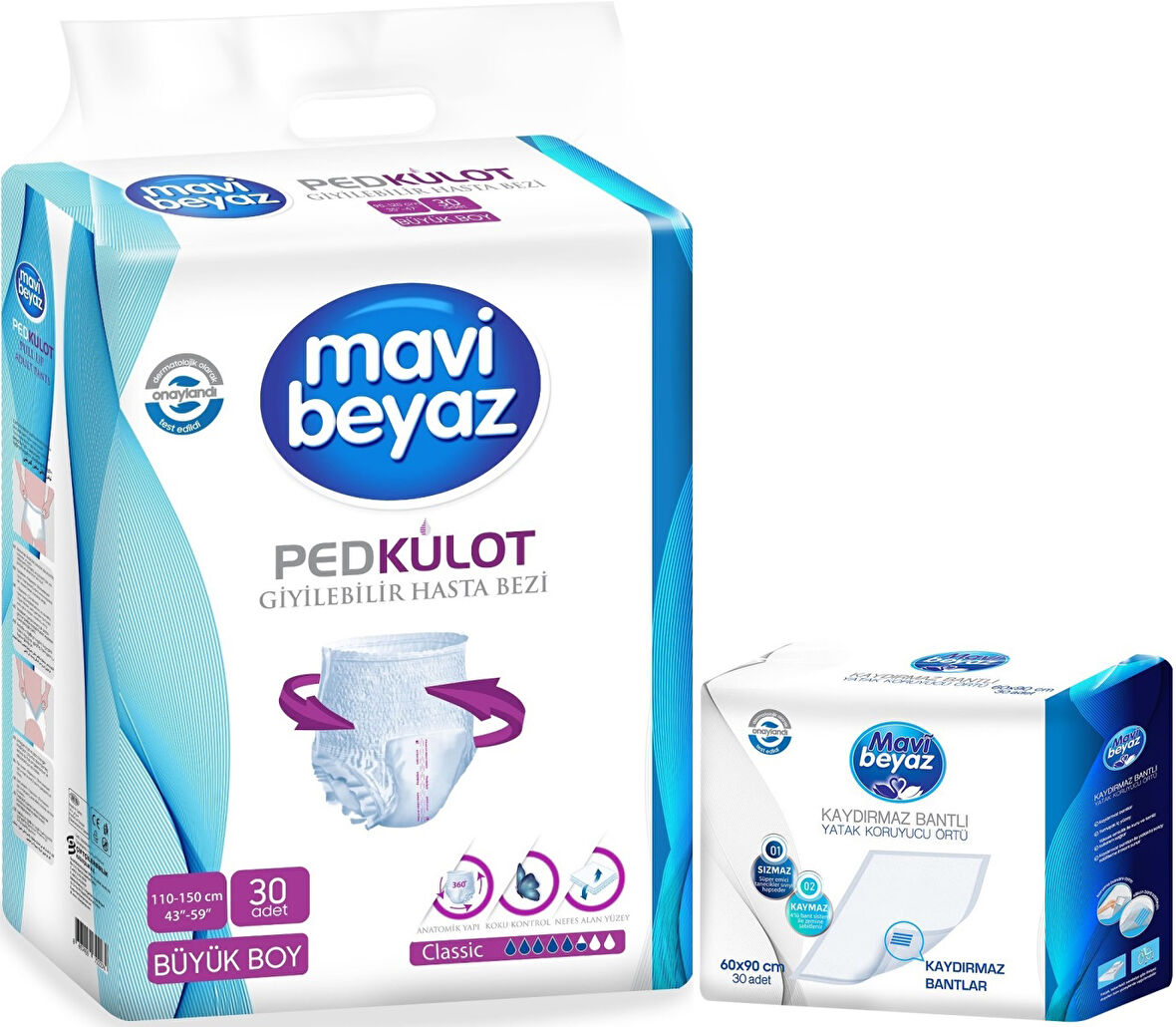 Mavi Beyaz Ped Emici Külot Hasta Bezi L - Large Büyük 30 Adet + Yatak Koruyucu Örtü 60*90CM 30 Adet