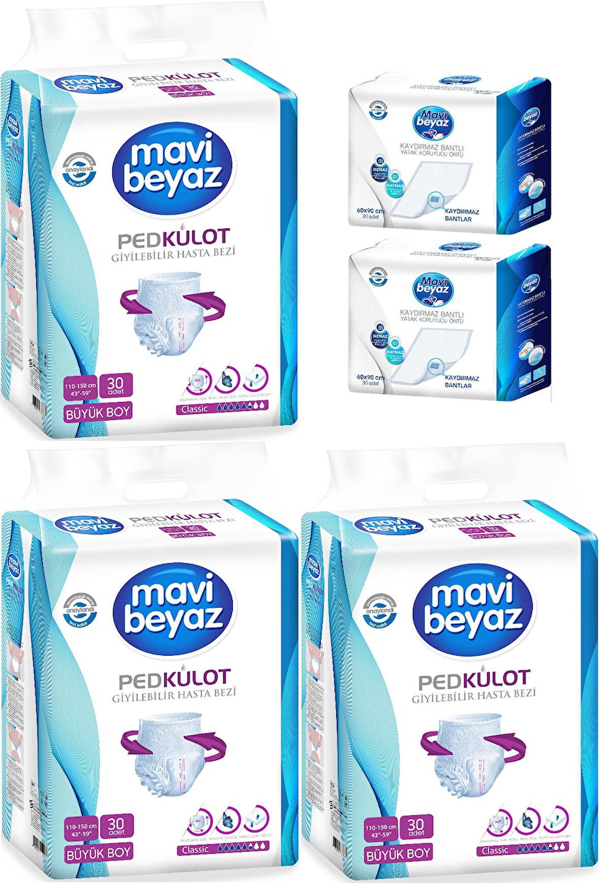 Mavi Beyaz Ped Emici Külot Hasta Bezi L - Large Büyük 90 Adet + Yatak Koruyucu Örtü 60*90CM 60 Adet