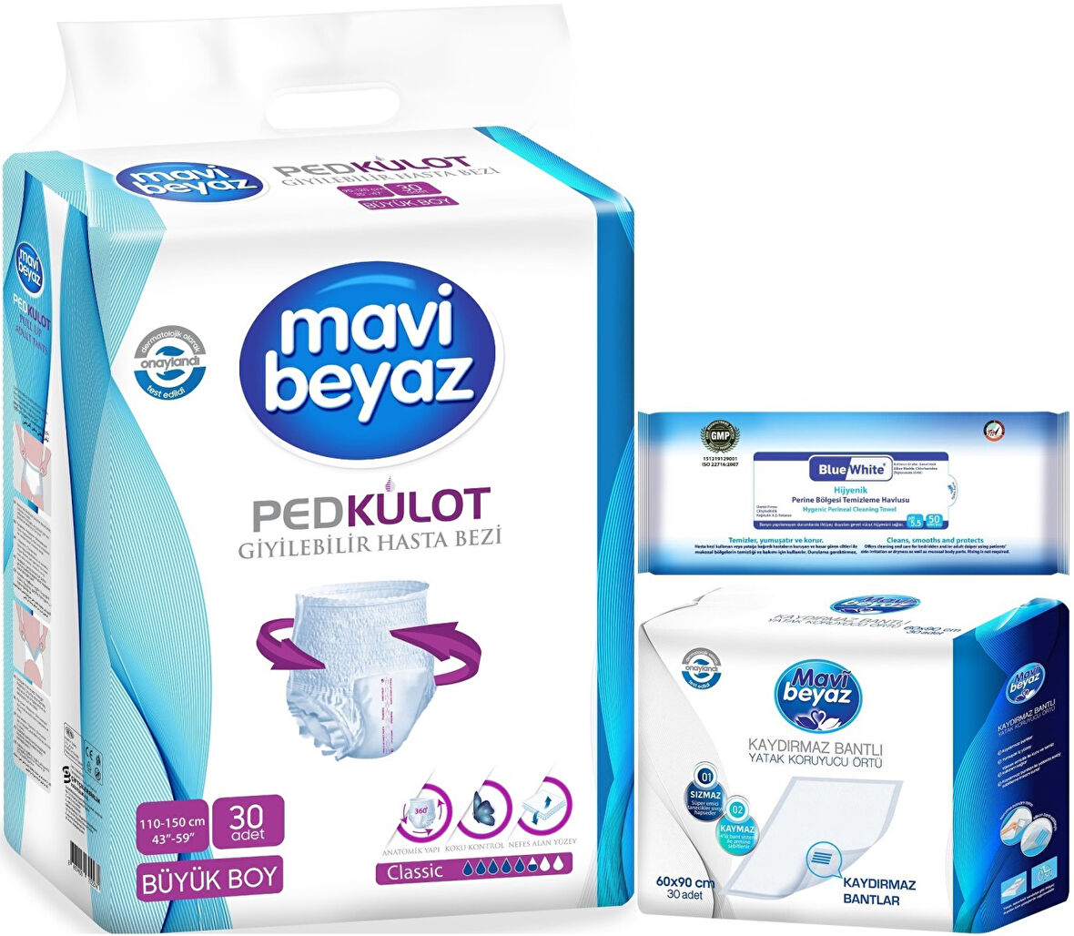 Mavi Beyaz Ped Emici Külot Hasta Bezi L 30 Adet + Yatak Koruyucu 30 Adet + Temizleme Havlusu 1 Pk