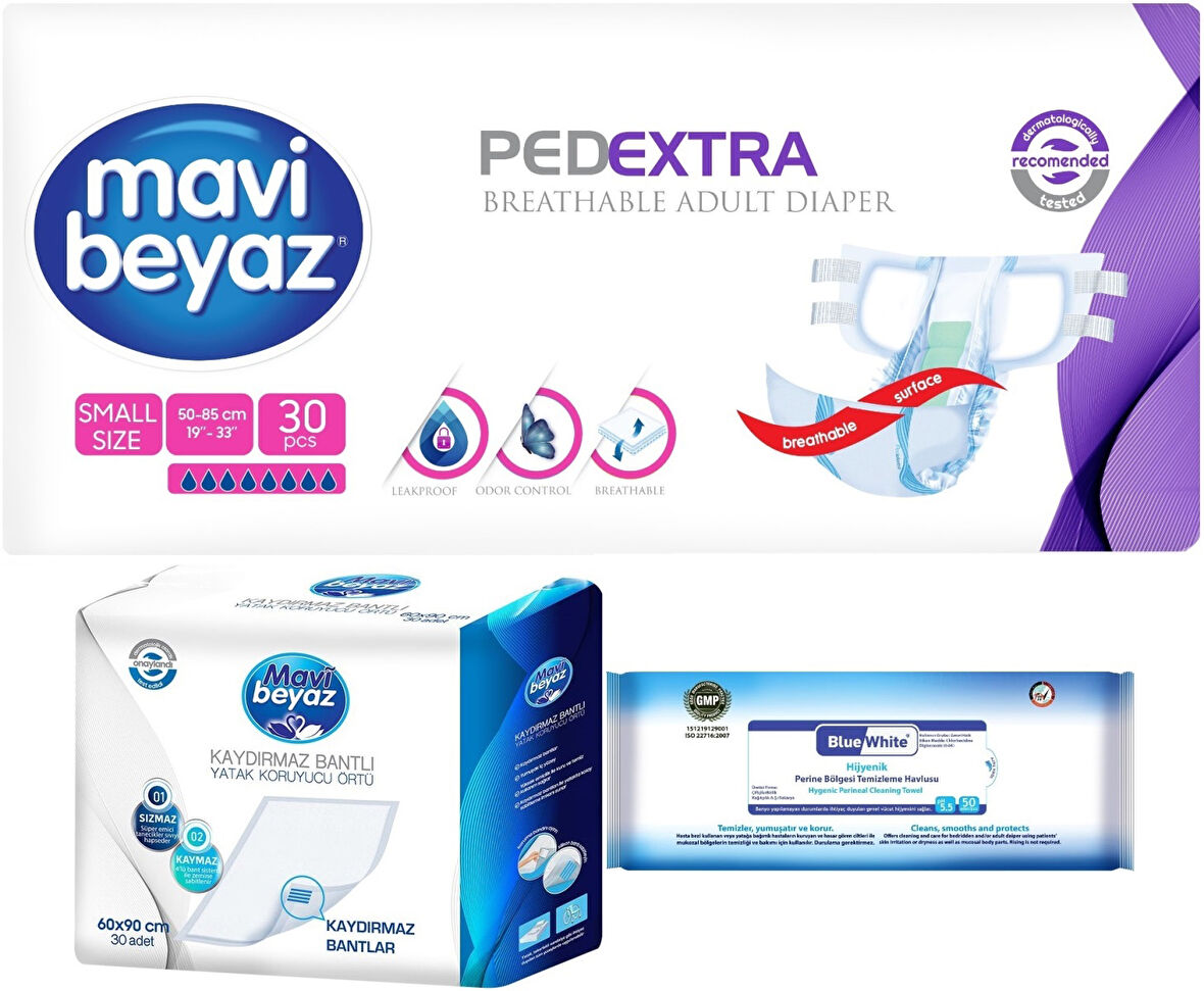 Mavi Beyaz Ped Ekstra Tekstil Yüzeyli Yetişkin Bel Bantlı Hasta Bezi S 30 Adet+ Yatak Korucu + Havlu