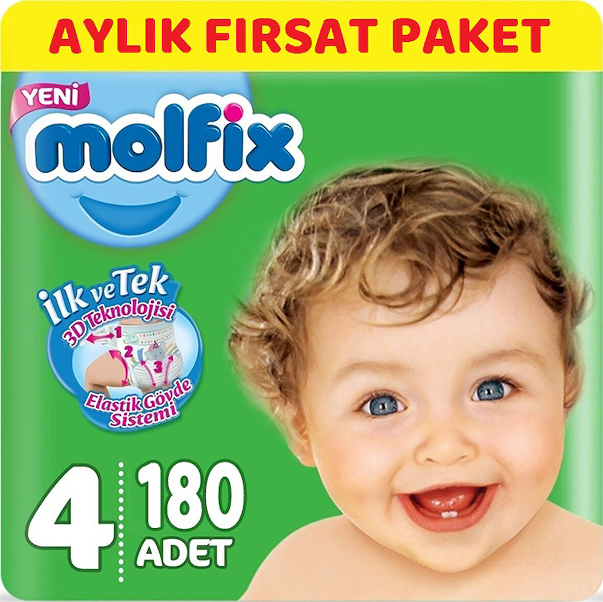 Molfix Bebek Bezi Beden:4 (7-14Kg) Maxi 186 Adet Aylık Fırsat Pk + 9 Adet Islak Havlu