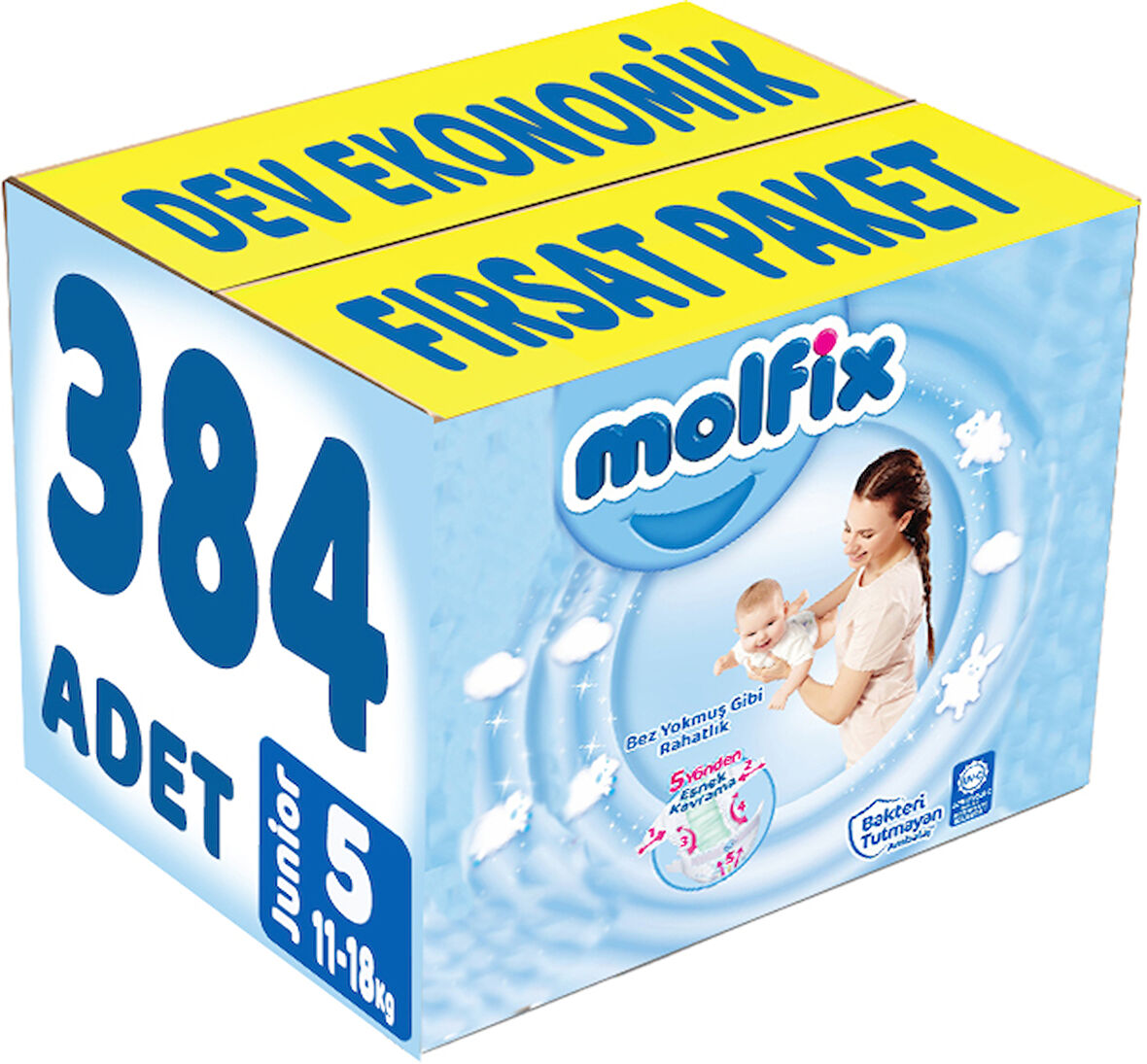 Molfix Bebek Bezi Beden:5 (11-18Kg) Junior 384 Adet Dev Ekonomik Fırsat Pk