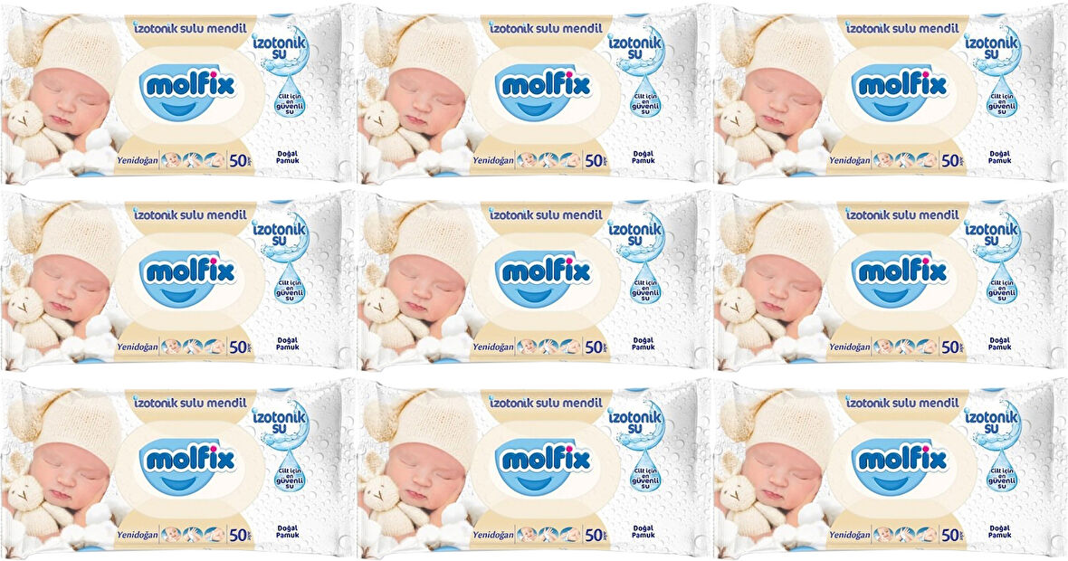 Molfix Islak Havlu Mendil İzotonik Yeni Doğan 9 Lu Set 50 Yaprak Pamuklu Plastik Kapaklı