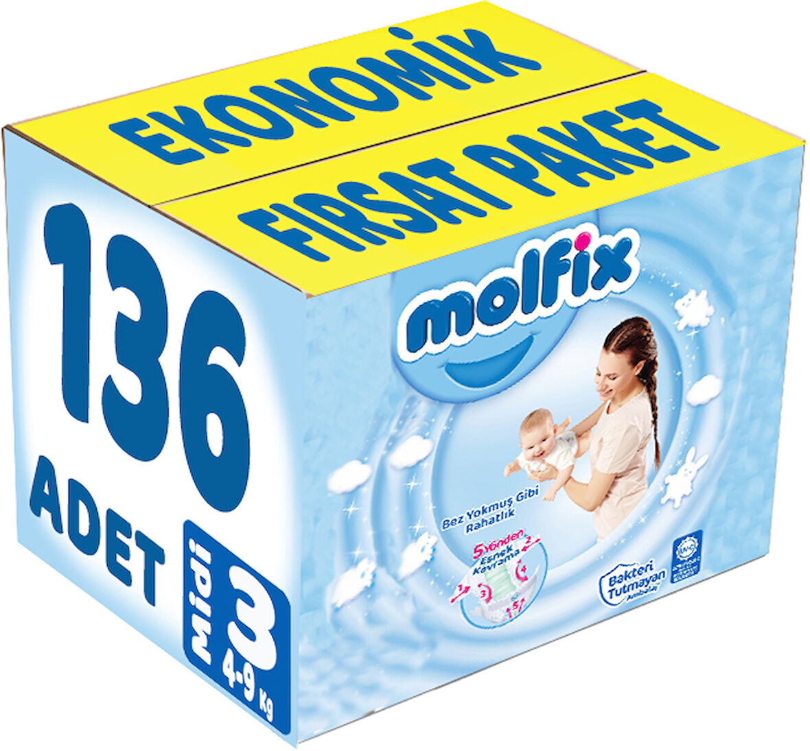 Molfix Bebek Bezi Beden:3 (4-9Kg) Midi 136 Adet Ekonomik Fırsat Pk