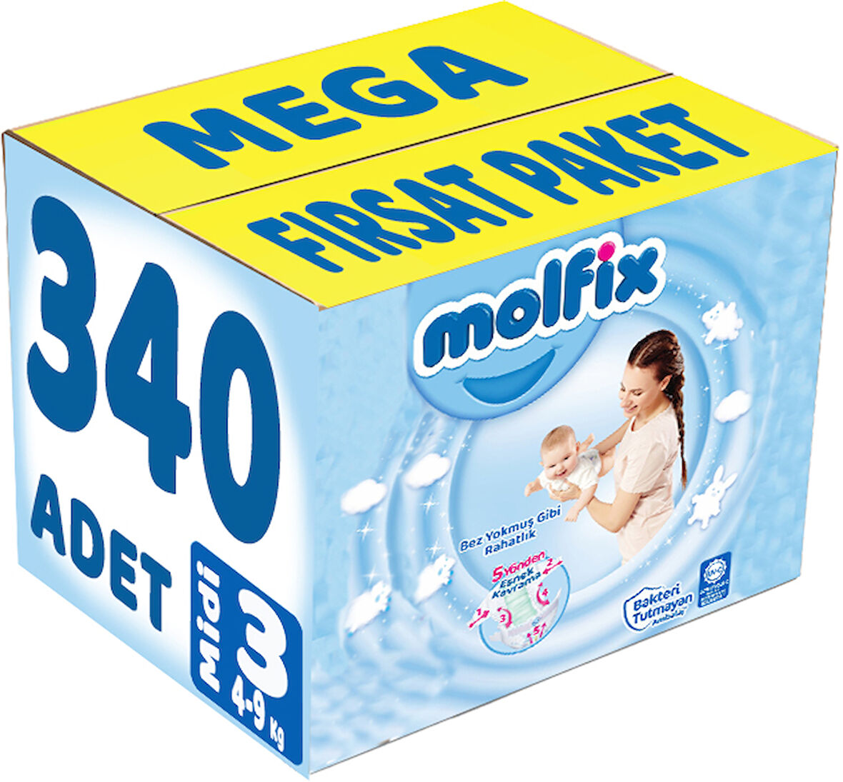 Molfix Bebek Bezi Beden:3 (4-9Kg) Midi 340 Adet Mega Fırsat Pk