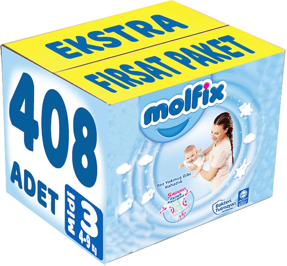 Molfix Bebek Bezi Beden:3 (4-9Kg) Midi 408 Adet Ekstra Fırsat Pk