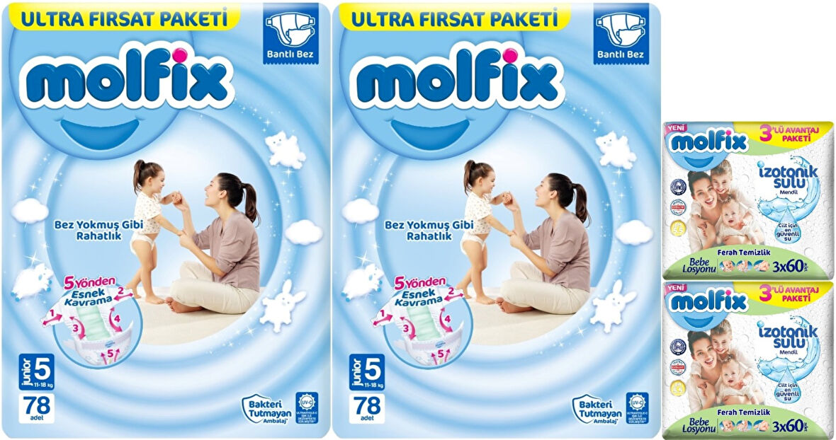 Molfix Bebek Bezi Beden:5 (11-18Kg) Junior 156 Adet Ekonomik Ultra Fırsat Pk+6 Adet Islak Mendil