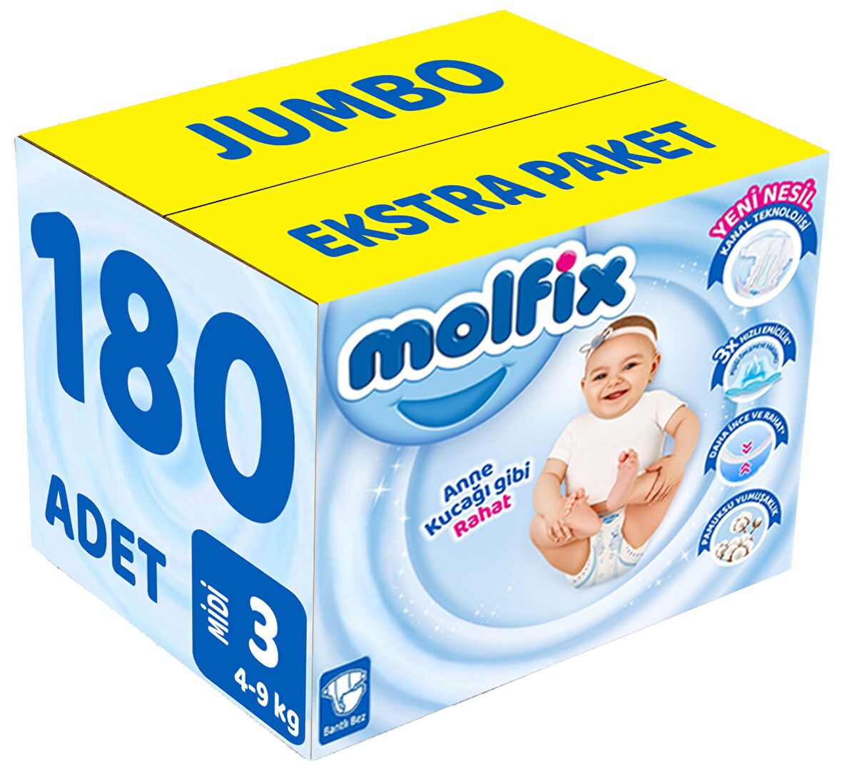 Molfix Bebek Bezi Beden:3 (4-9Kg) Midi 180 Adet Jumbo Ekstra Pk