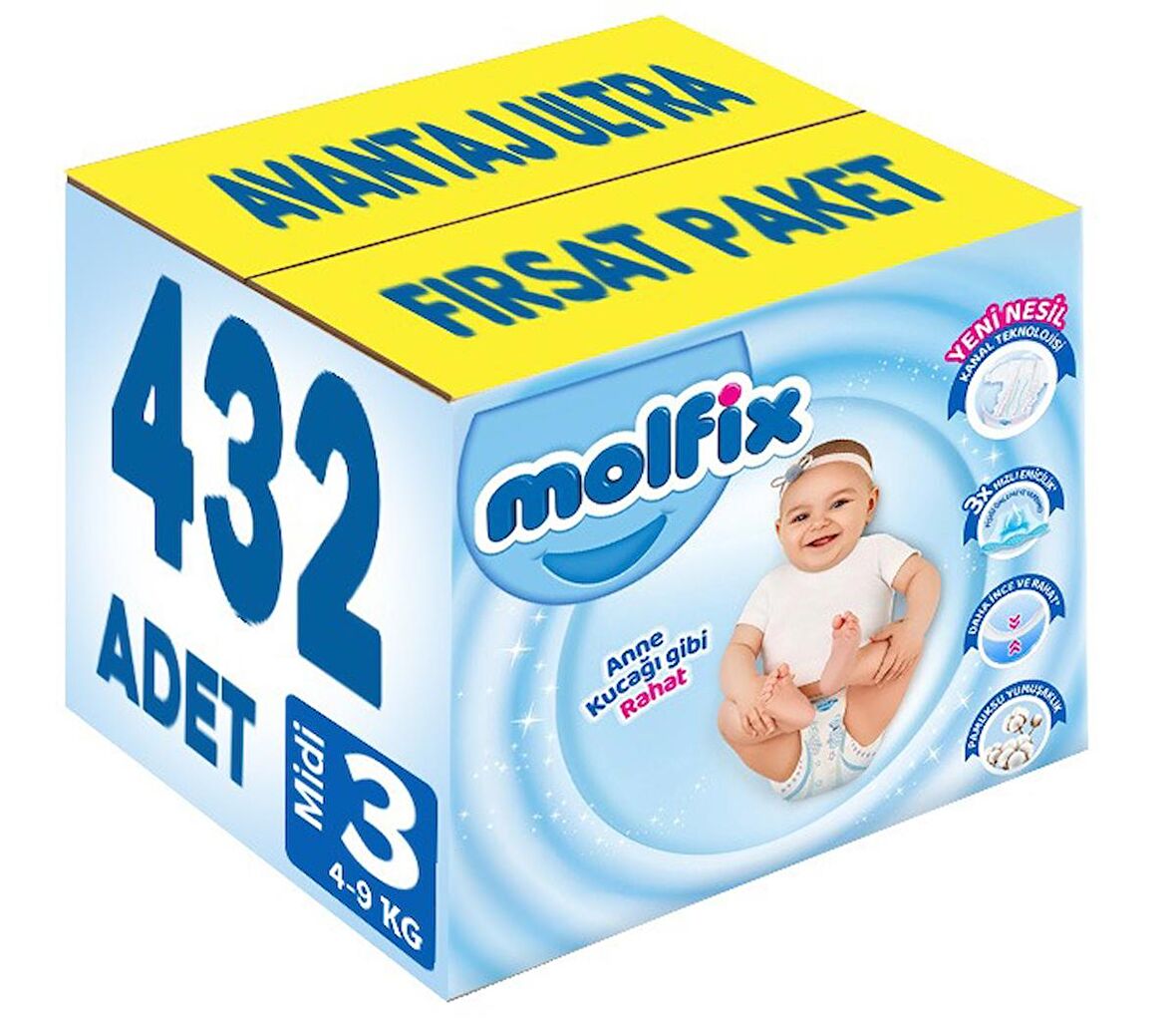 Molfix Bebek Bezi Beden:3 (4-9Kg) Midi 432 Adet Avantaj Ultra Fırsat Pk