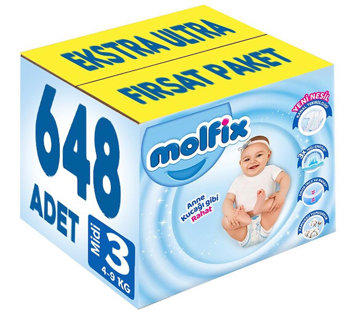 Molfix Bebek Bezi Beden:3 (4-9Kg) Midi 648 Adet Ekstra Ultra Fırsat Pk