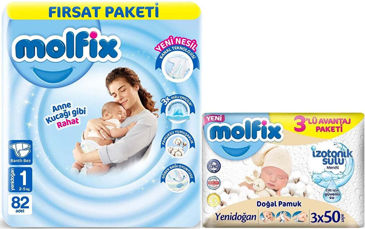 Molfix Bebek Bezi Beden:1 (2-5KG) Yeni Doğan 82 Adet Fırsat Pk + 3 Adet Islak Mendil