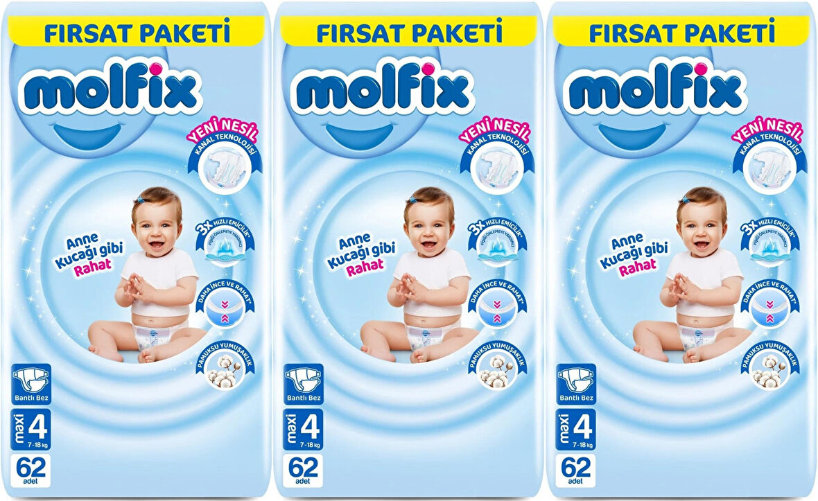 Molfix Bebek Bezi Beden:4 (7-14KG) Maxi 186 Adet Aylık Fırsat Pk