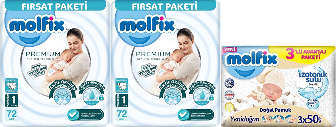 Molfix Premium Bebek Bezi Beden:1 (2-5KG) Yeni Doğan 144 Ad Ekonomik Ultra Fırsat Pk + 3 Adet Mendil