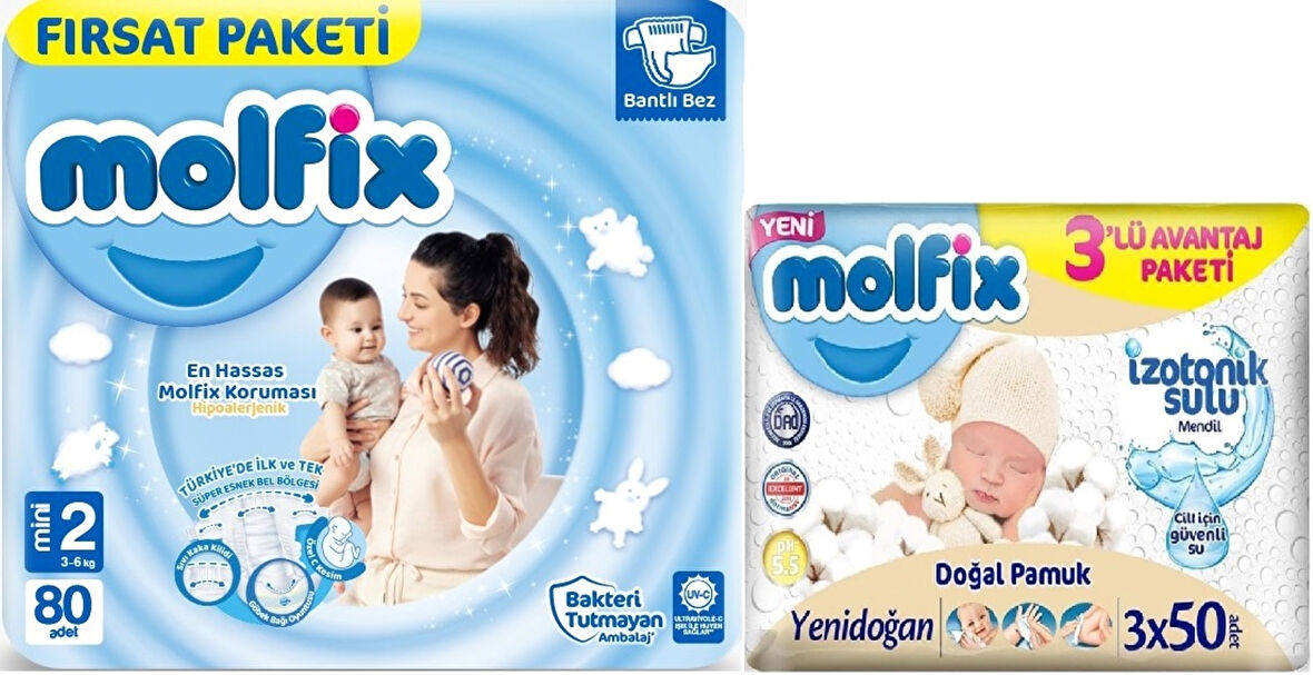Molfix Bebek Bezi Beden:2 (3-6Kg) Mini 80 Adet Fırsat Pk + 3 Adet Islak Mendil