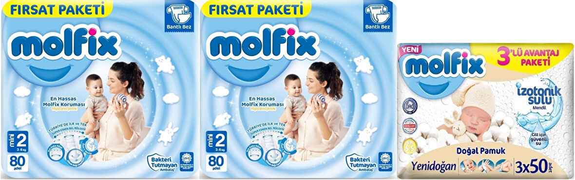 Molfix Bebek Bezi Beden:2 (3-6Kg) Mini 160 Adet Ekonomik Fırsat Pk + 3 Adet Islak Mendil