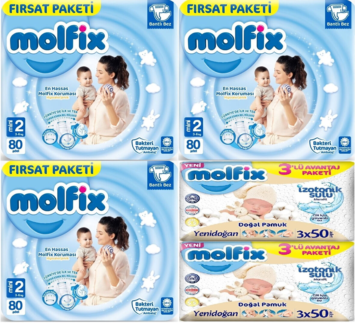 Molfix Bebek Bezi Beden:2 (3-6Kg) Mini 240 Adet Aylık Fırsat Pk + 6 Adet Islak Mendil