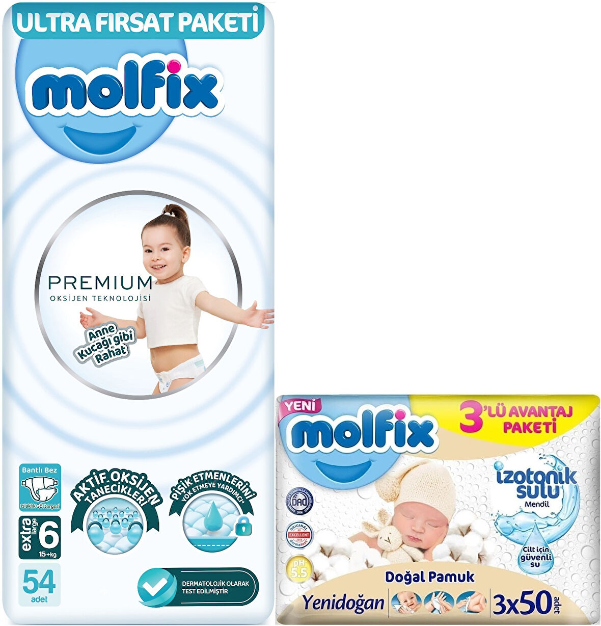 Molfix Premium Bebek Bezi Beden:6 (15+KG) Extra Large 54 Adet Ultra Fırsat Pk + 3 Adet Islak Mendil