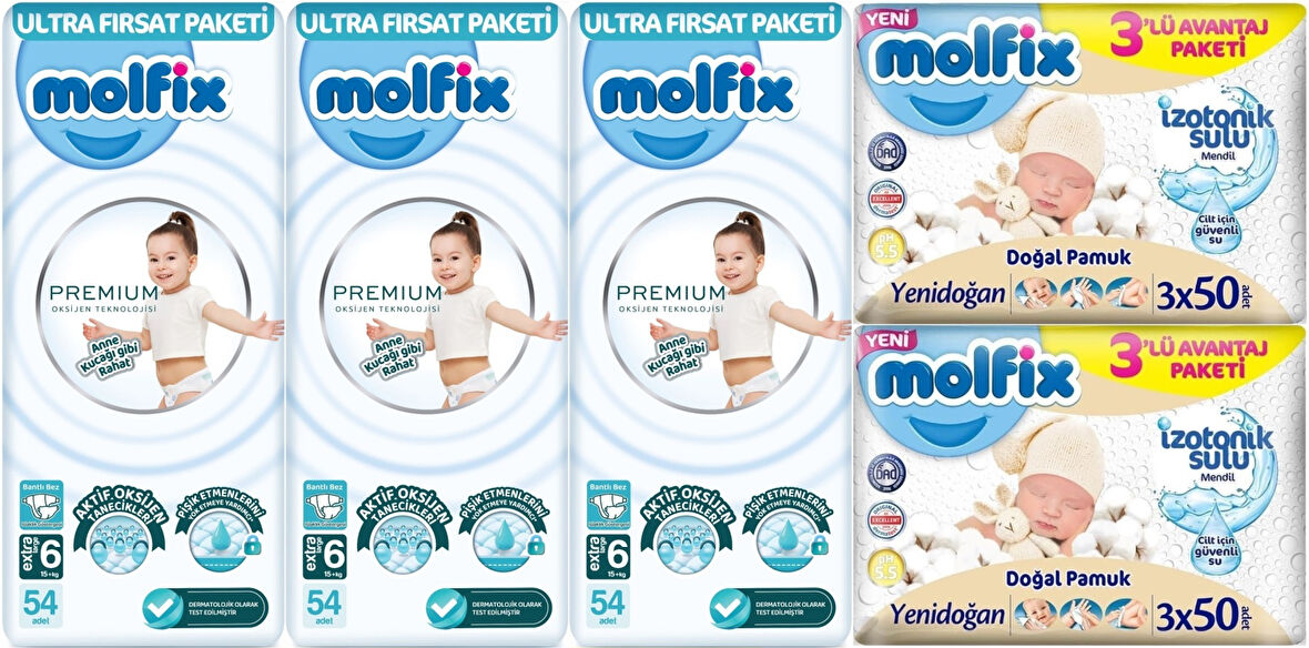 Molfix Premium Bebek Bezi Beden:6 (15+KG) Extra Large 162 Adet Ultra Fırsat Pk + 6 Adet Islak Mendil