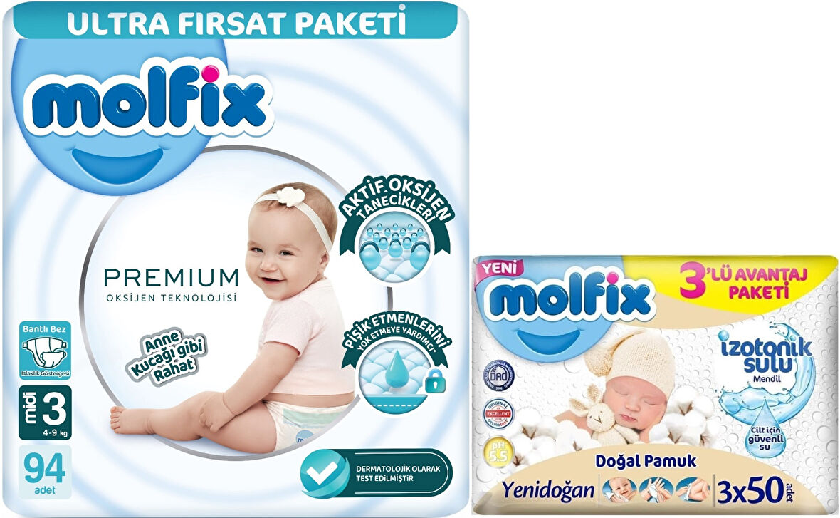 Molfix Premium Bebek Bezi Beden:3 (4-9KG) Midi 94 Adet Ultra Fırsat Pk + 3 Adet Islak Mendil