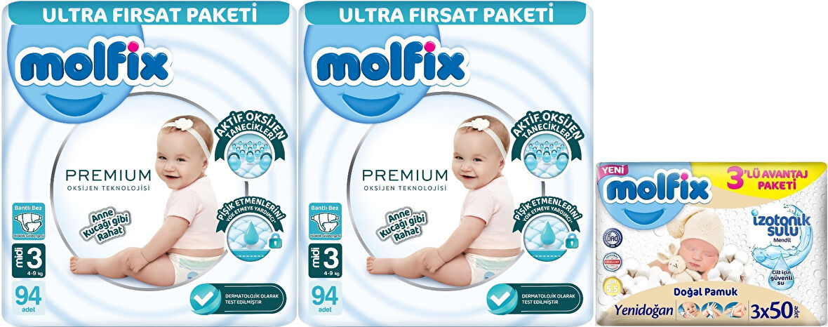 Molfix Premium Bebek Bezi Beden:3 (4-9KG) Midi 188 Adet Ultra Fırsat Pk + 3 Adet Islak Mendil