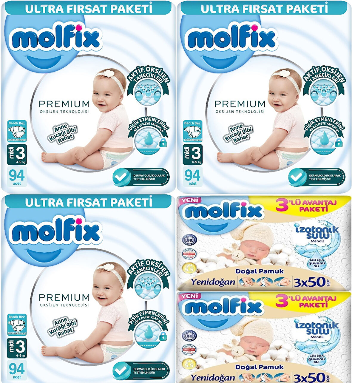 Molfix Premium Bebek Bezi Beden:3 (4-9KG) Midi 282 Adet Ultra Fırsat Pk + 6 Adet Islak Mendil