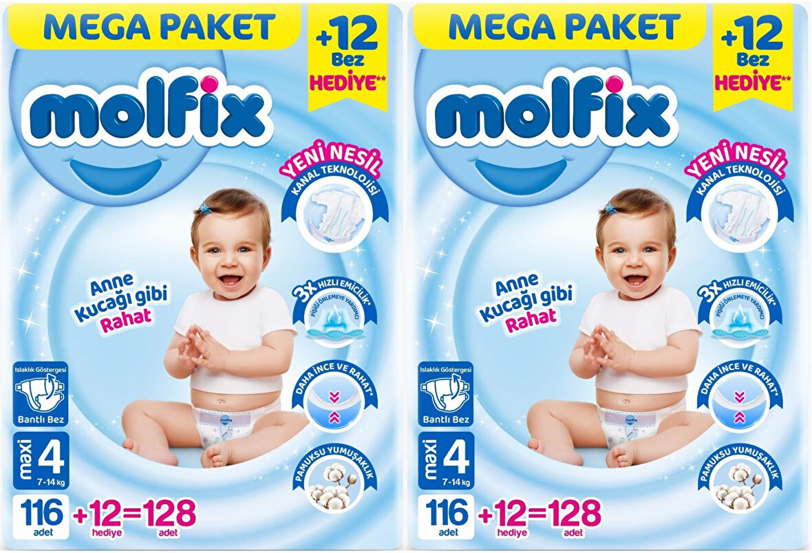 Molfix Bebek Bezi Beden:4 (7-14KG) Maxi 256 Adet Mega Ekonomik Fırsat Pk