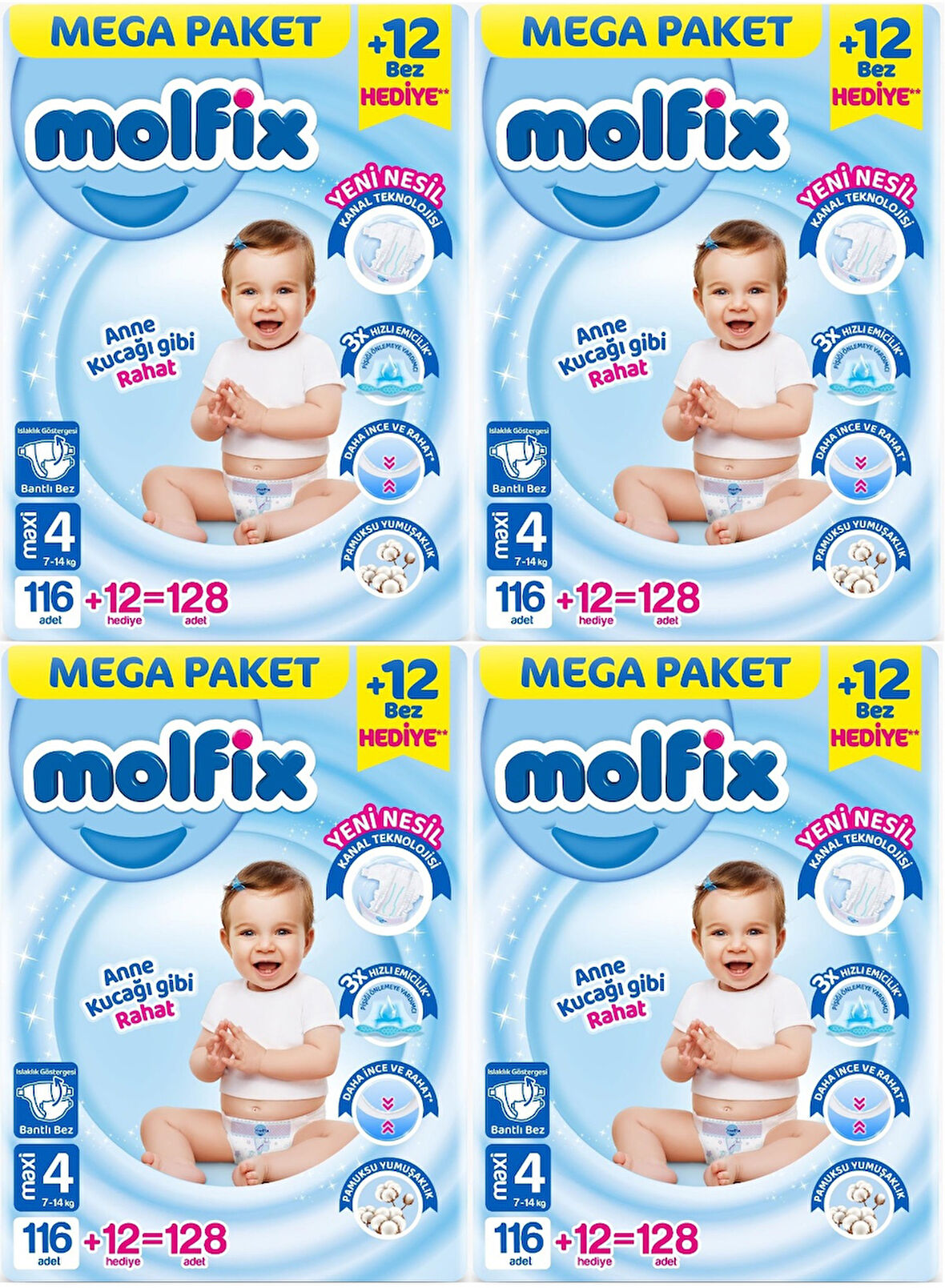 Molfix Bebek Bezi Beden:4 (7-14KG) Maxi 512 Adet Mega Avantaj Fırsat Pk