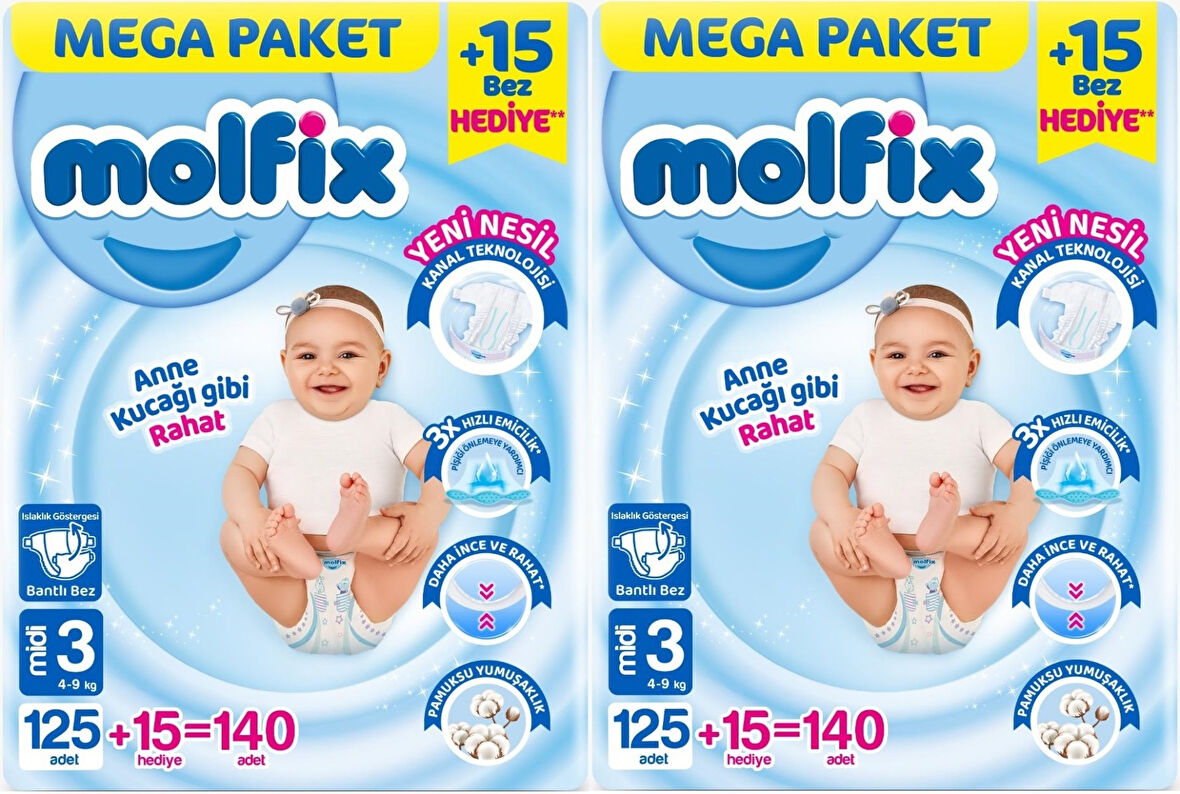 Molfix Bebek Bezi Beden:3 (4-9KG) Midi 280 Adet Mega Ekonomik Fırsat Pk