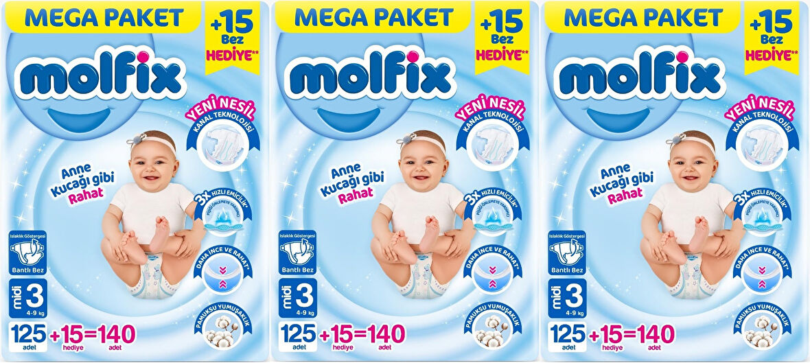 Molfix Bebek Bezi Beden:3 (4-9KG) Midi 420 Adet Mega Aylık Fırsat Pk