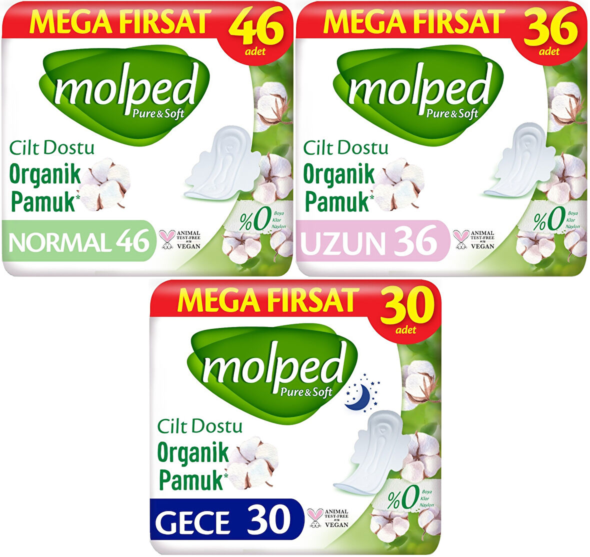 Molped Pure&Soft Hijyenik Ped Avantaj PK Normal 46 + Uzun 36 + Gece 30 Toplam : 112 Adet