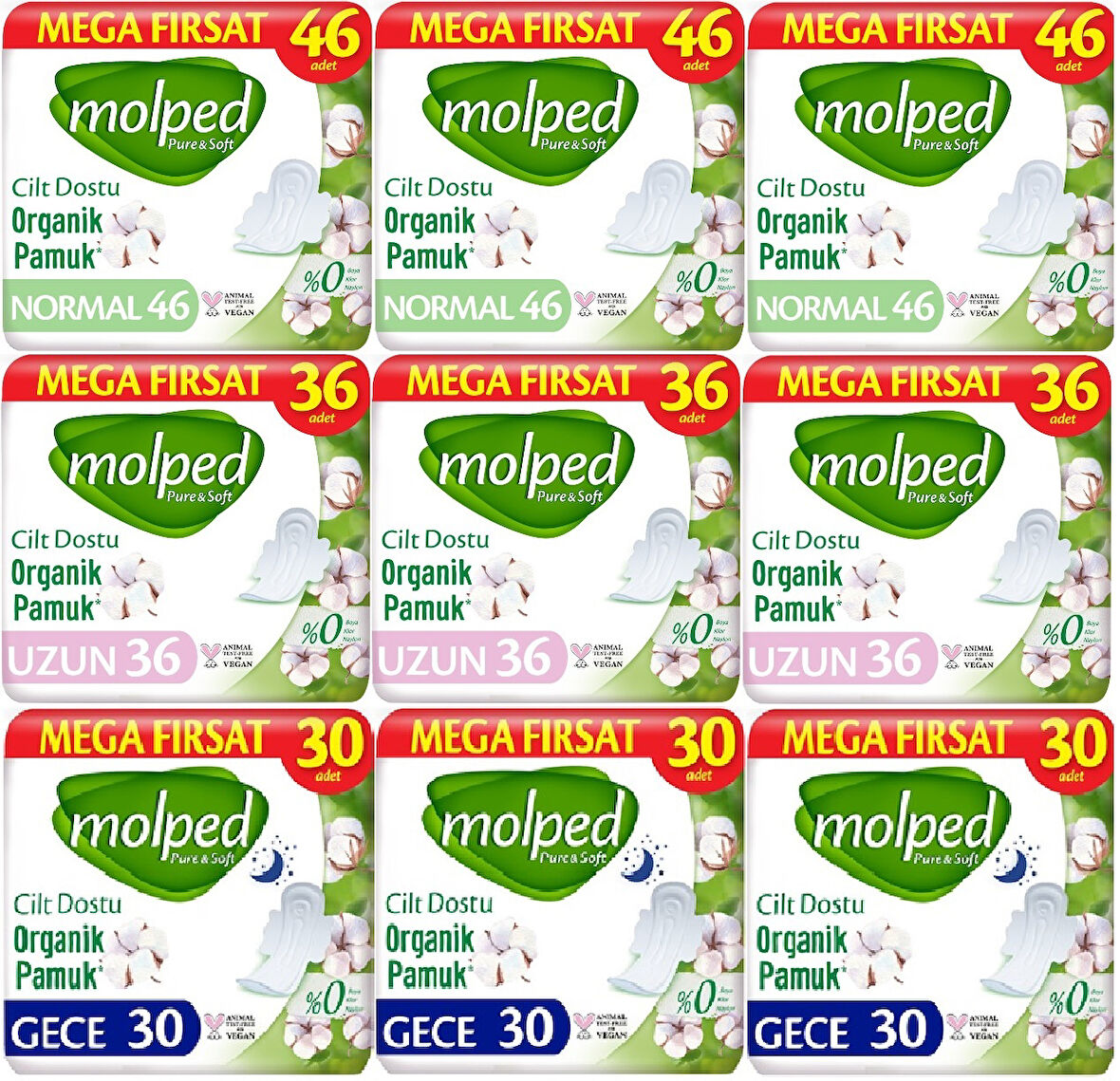 Molped Pure&Soft Hijyenik Ped Avantaj PK Normal 138 + Uzun 108 + Gece 90 Toplam : 336 Adet