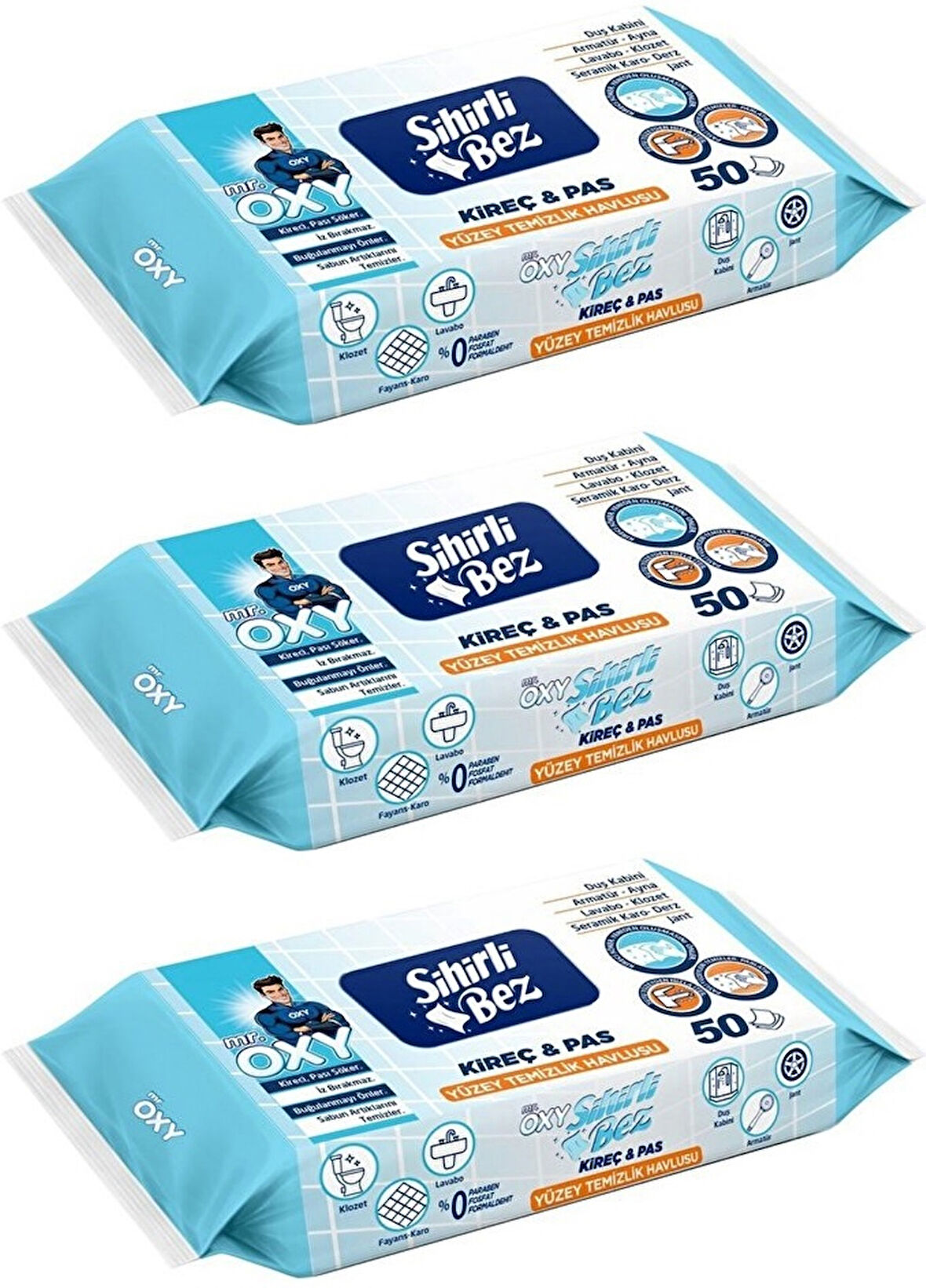 Mr. Oxy Sihirli Bez Kireç & Pas Yüzey Temizlik Havlusu 50 Yaprak Plastik Kapaklı (3 Lü Set) 150 Yprk