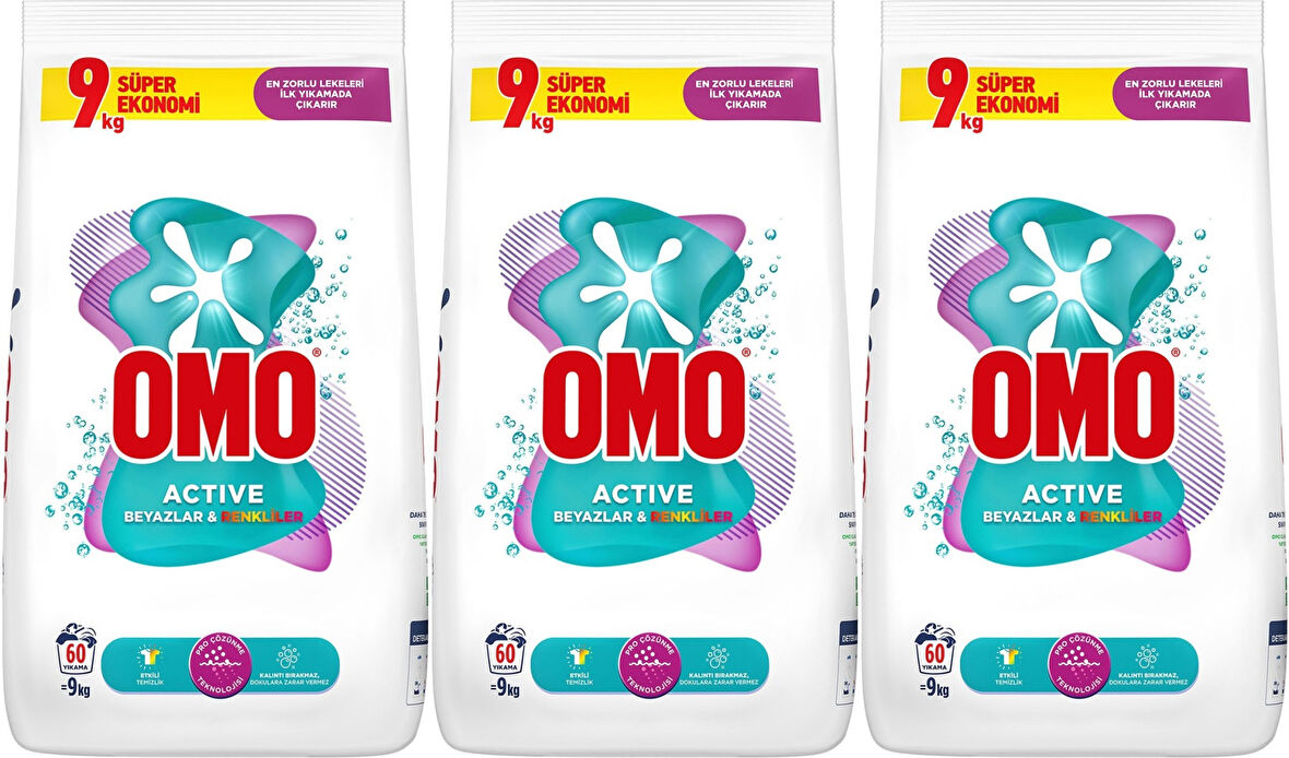 Omo Matik Toz Çamaşır Deterjanı 27KG Beyazlar ve Renkliler (180 Yıkama) (3PK*9KG)
