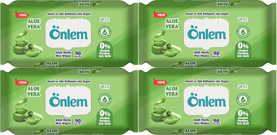 Önlem Islak Havlu Mendil 90 Yaprak Aloe Vera Plastik Kapaklı (4 Lü Set) (360 Yaprak)