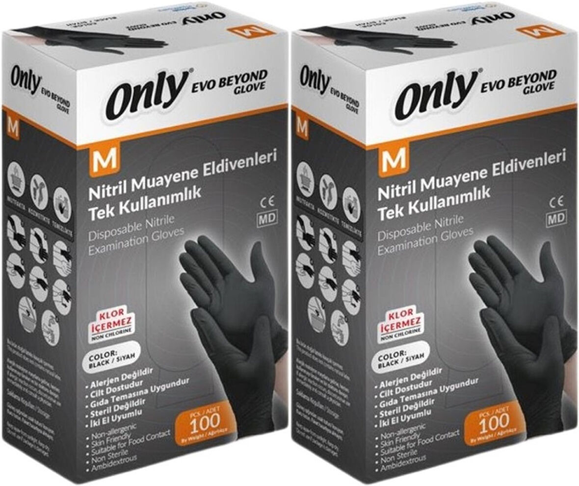 Only Evo Beyond Glove Nitril Siyah Pudrasız Muayene Eldiveni 200 Lü Set M - Medium - Orta (2PK*100)