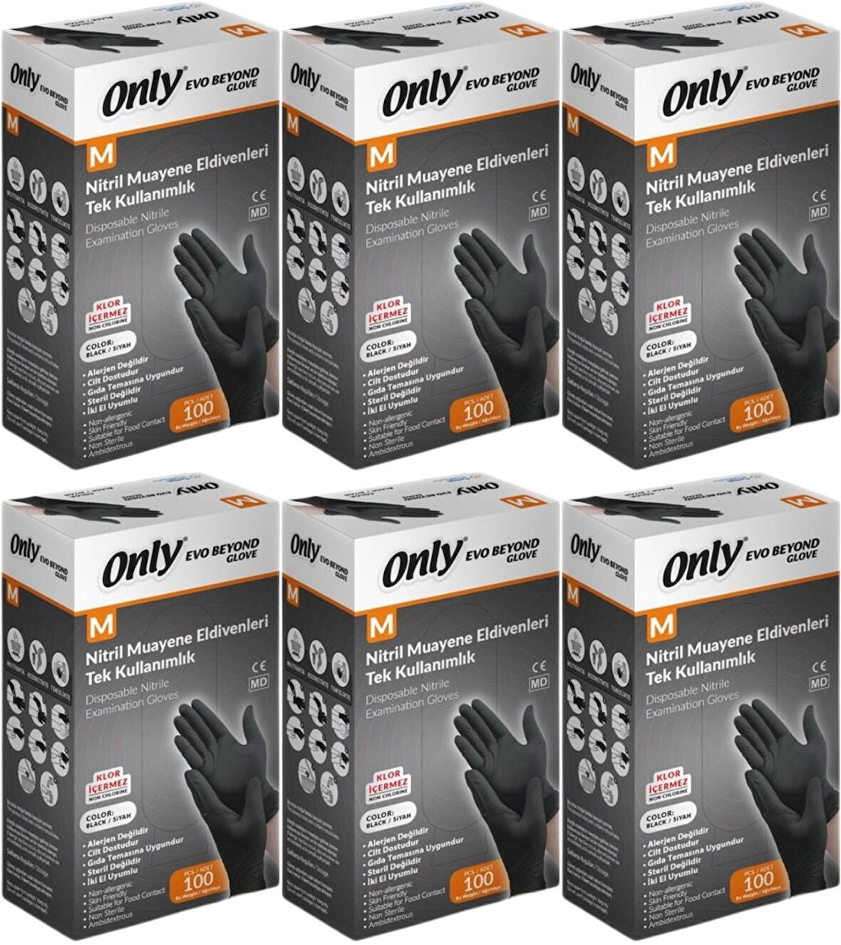 Only Evo Beyond Glove Nitril Siyah Pudrasız Muayene Eldiveni 600 Lü Set M - Medium - Orta (6PK*100)