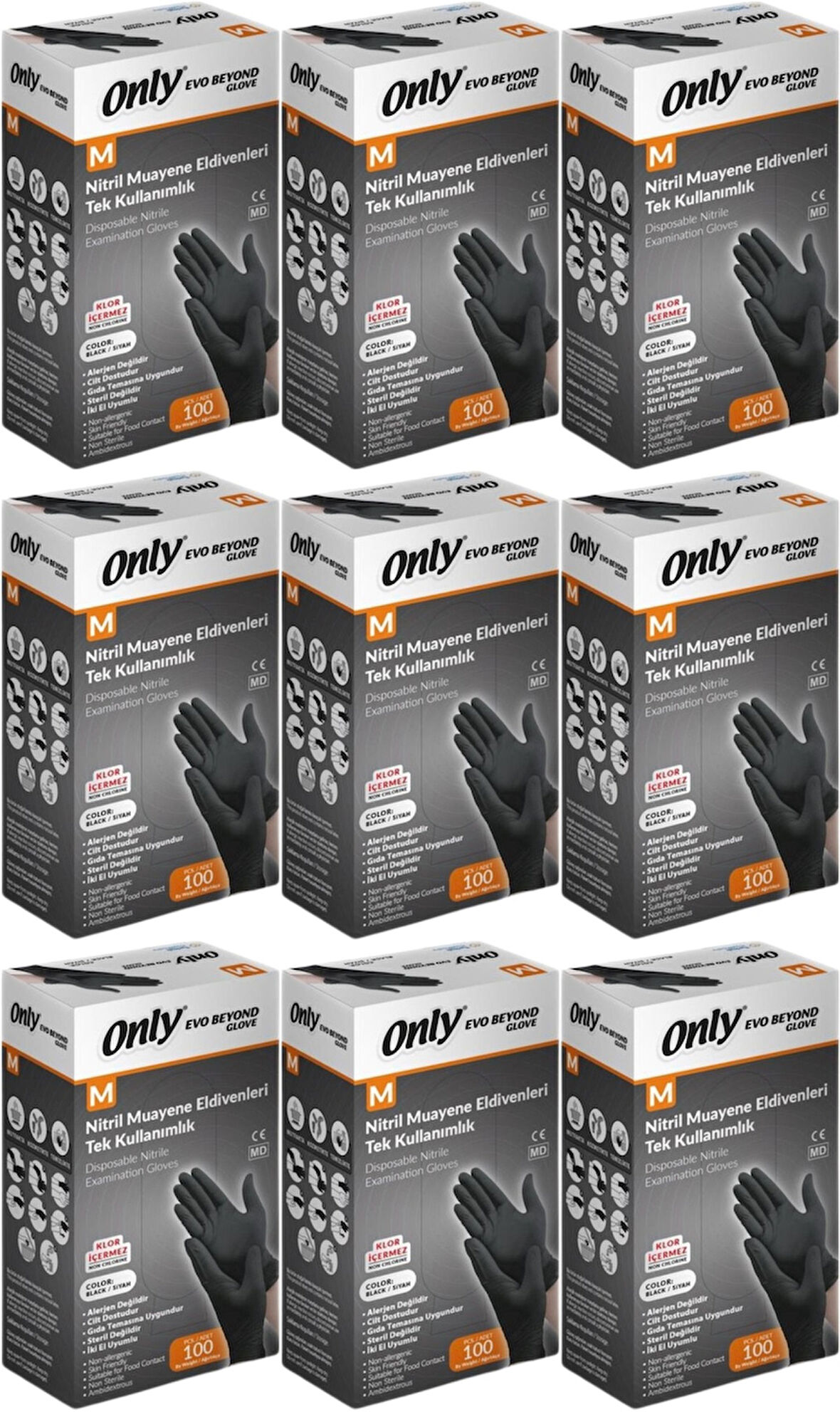 Only Evo Beyond Glove Nitril Siyah Pudrasız Muayene Eldiveni 900 Lü Set M - Medium - Orta (9PK*100)
