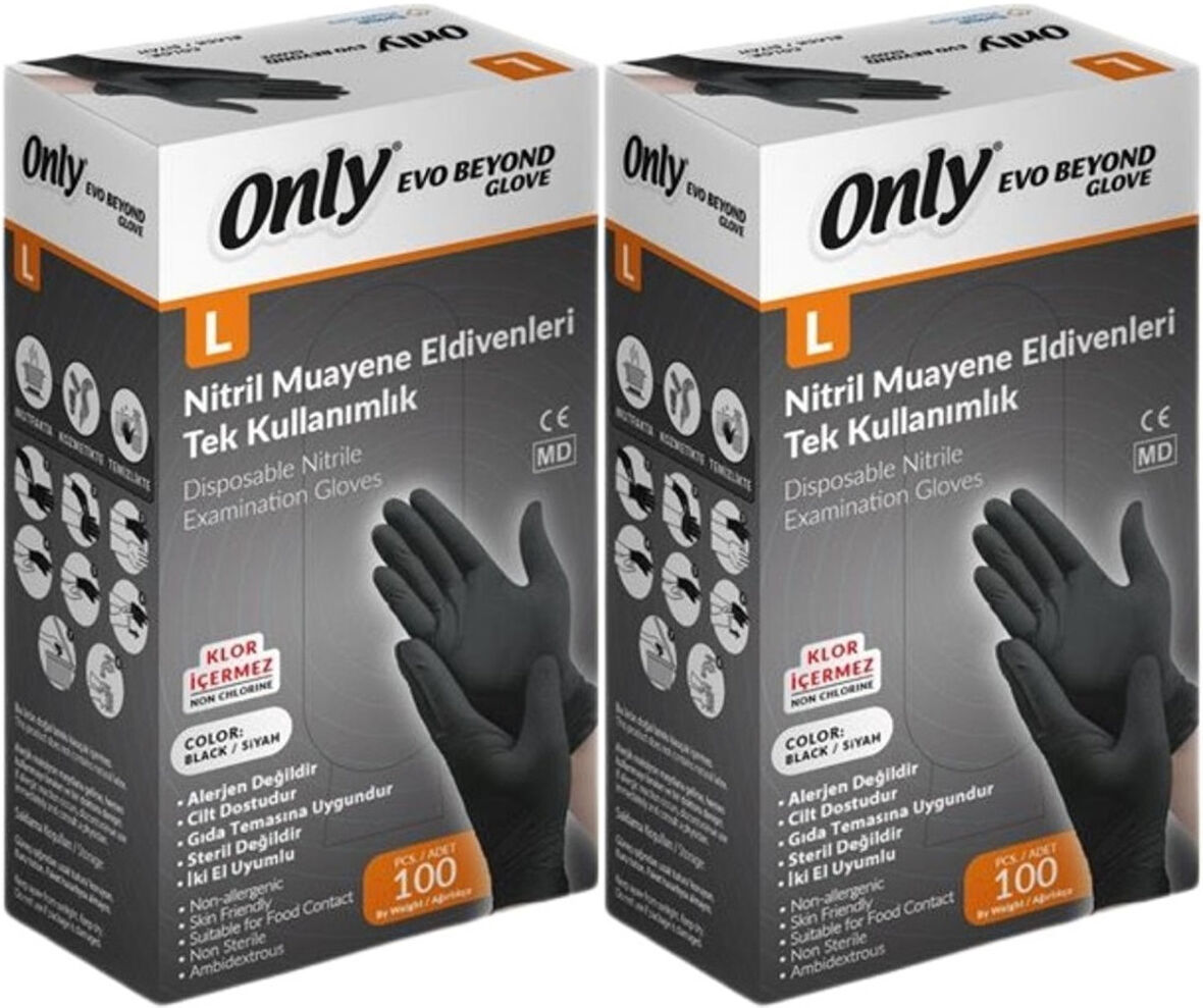 Only Evo Beyond Glove Nitril Siyah Pudrasız Muayene Eldiveni 200 Lü Set L - Large - Büyük (2PK*100)
