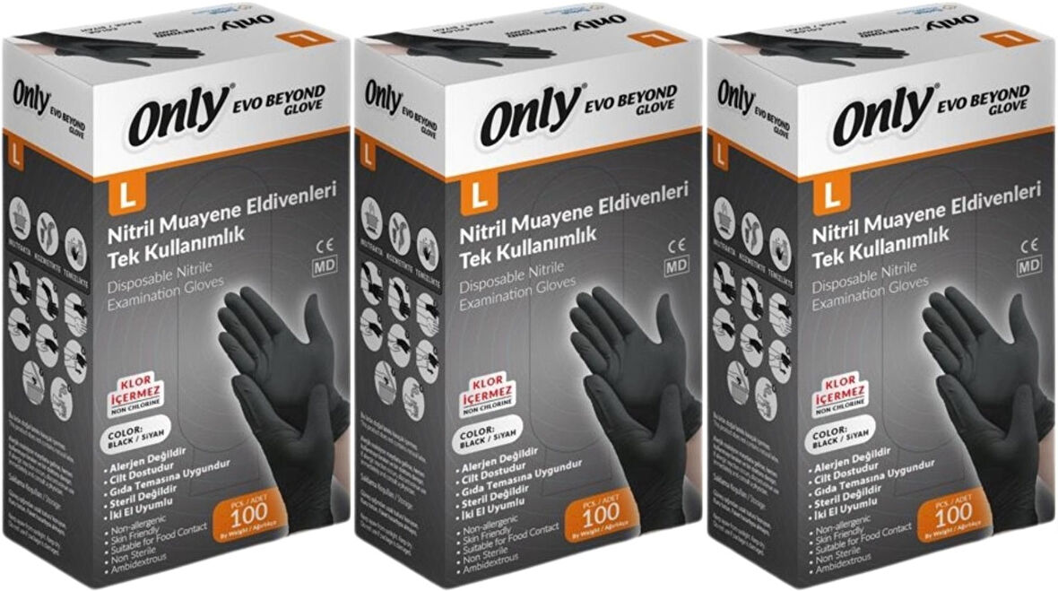 Only Evo Beyond Glove Nitril Siyah Pudrasız Muayene Eldiveni 300 Lü Set L - Large - Büyük (3PK*100)