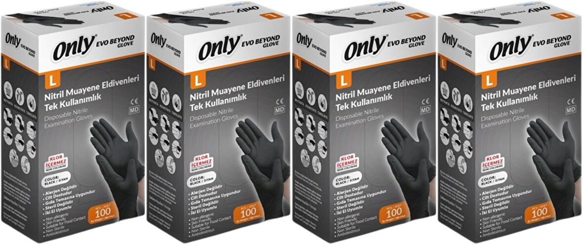 Only Evo Beyond Glove Nitril Siyah Pudrasız Muayene Eldiveni 400 Lü Set L - Large - Büyük (4PK*100)