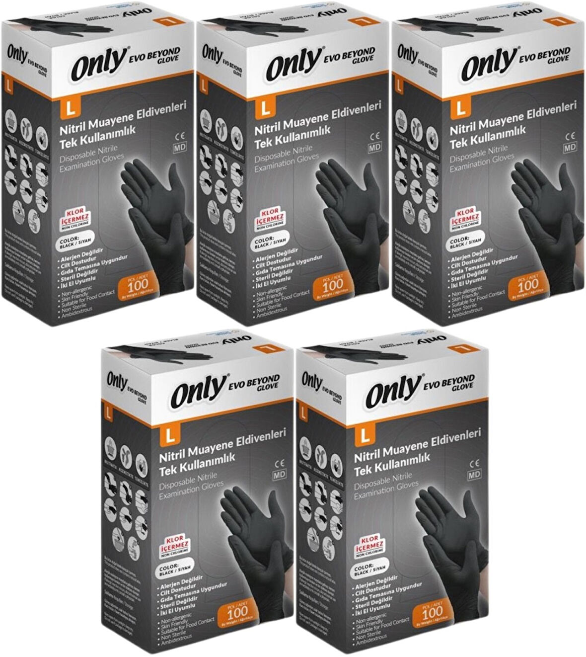 Only Evo Beyond Glove Nitril Siyah Pudrasız Muayene Eldiveni 500 Lü Set L - Large - Büyük (5PK*100)