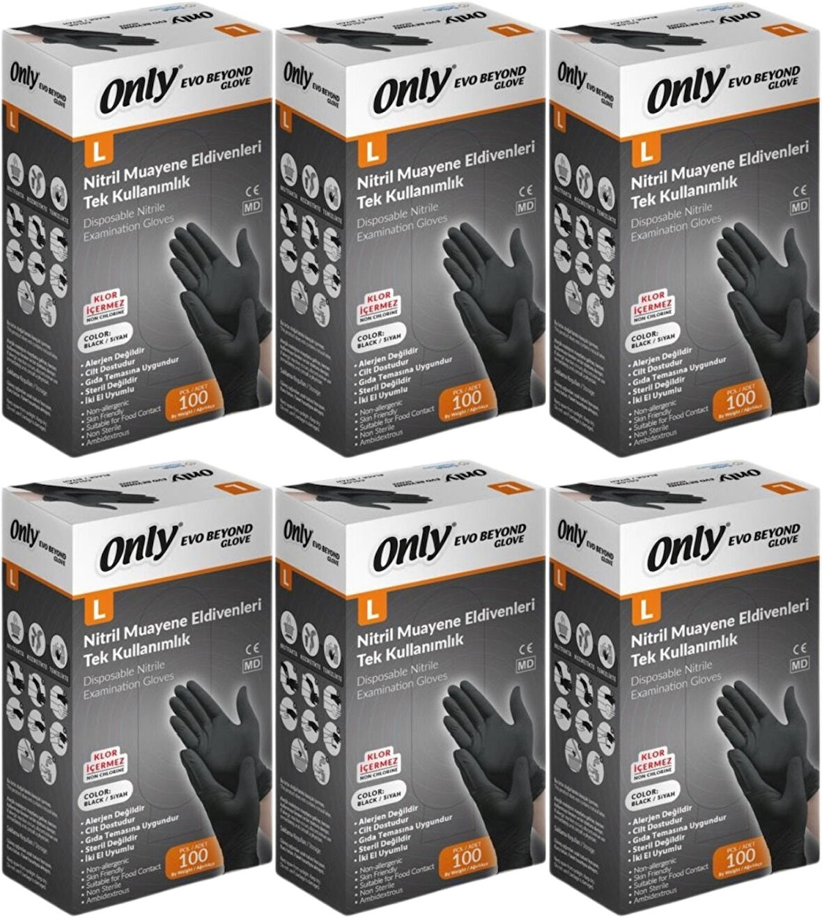 Only Evo Beyond Glove Nitril Siyah Pudrasız Muayene Eldiveni 600 Lü Set L - Large - Büyük (6PK*100)
