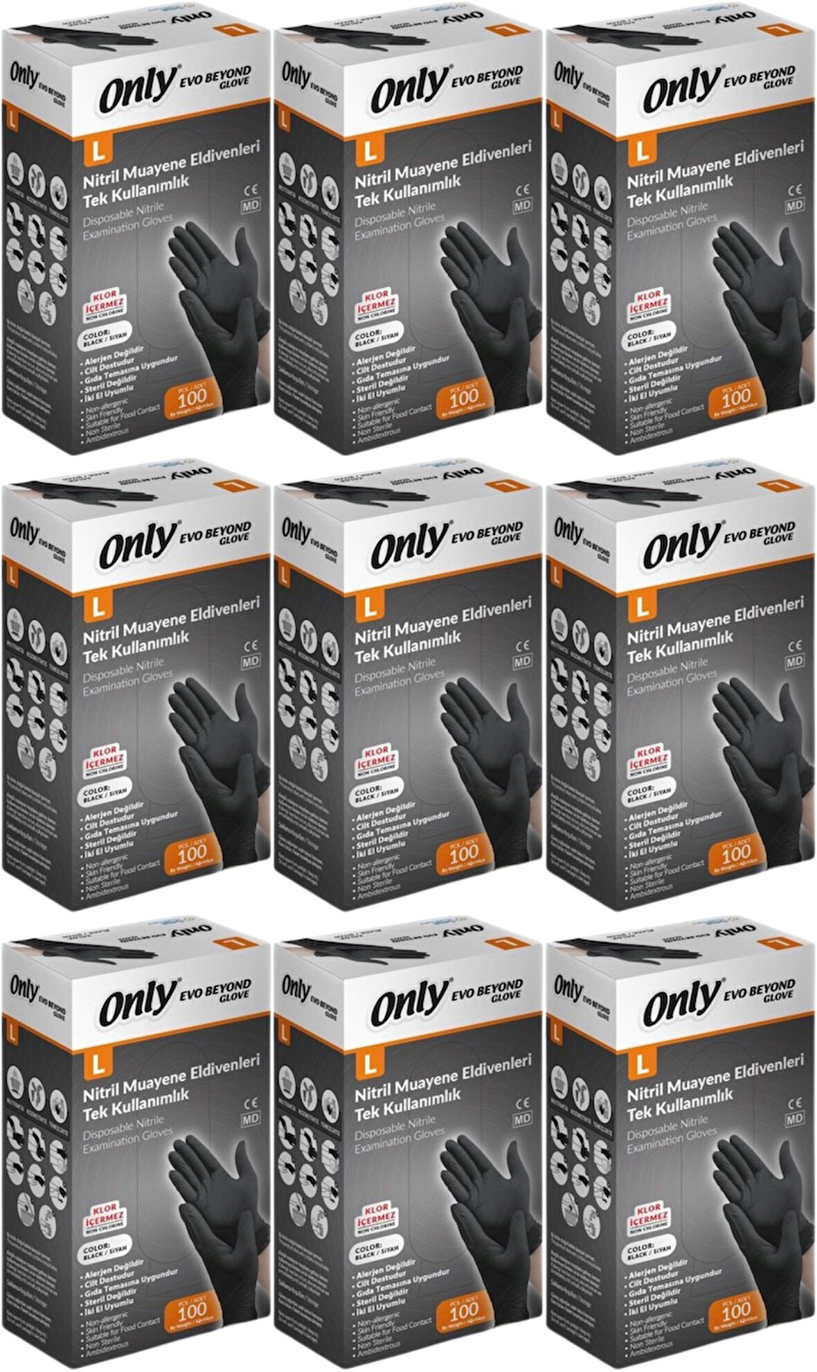 Only Evo Beyond Glove Nitril Siyah Pudrasız Muayene Eldiveni 900 Lü Set L - Large - Büyük (9PK*100)