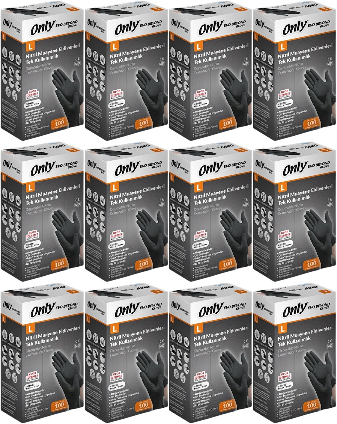 Only Evo Beyond Glove Nitril Siyah Pudrasız Muayene Eldiveni 1200 Lü Set L- Large - Büyük (12PK*100)