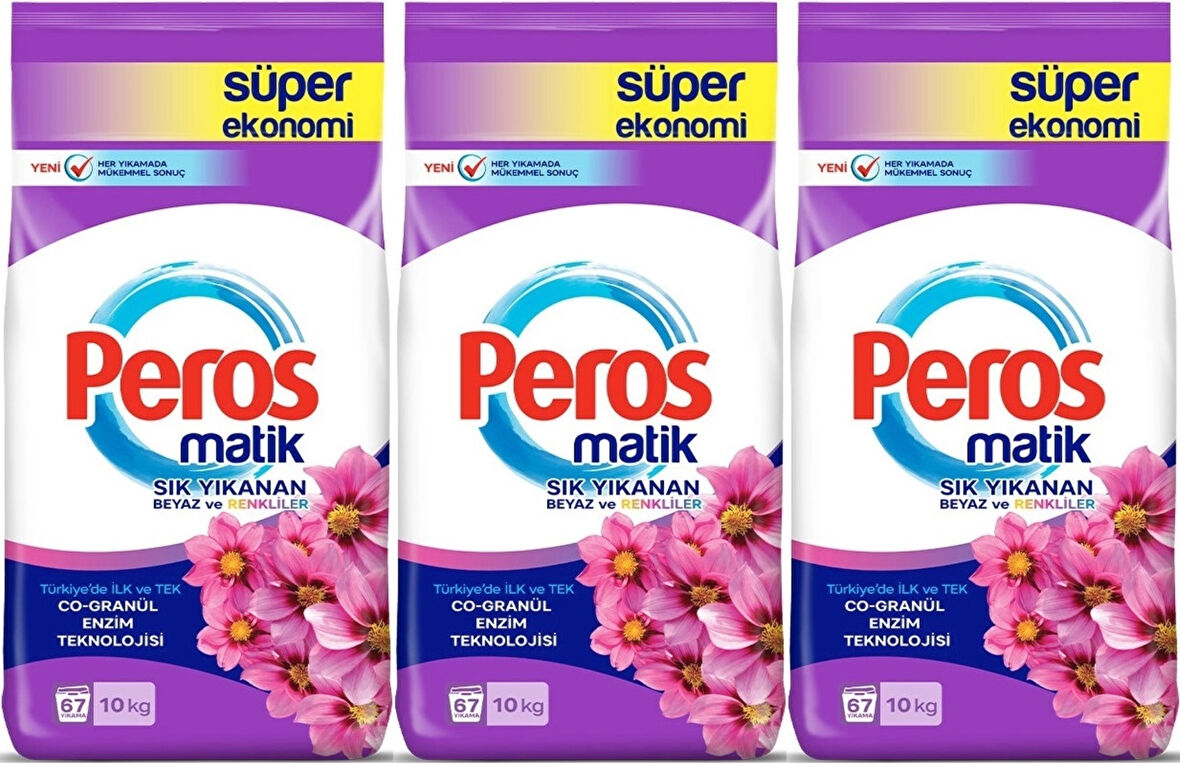 Peros Matik Toz Çamaşır Deterjanı 30KG Yıldız Çiçeği (Beyaz ve Renkliler) (201 Yıkama) (3PK*10KG)