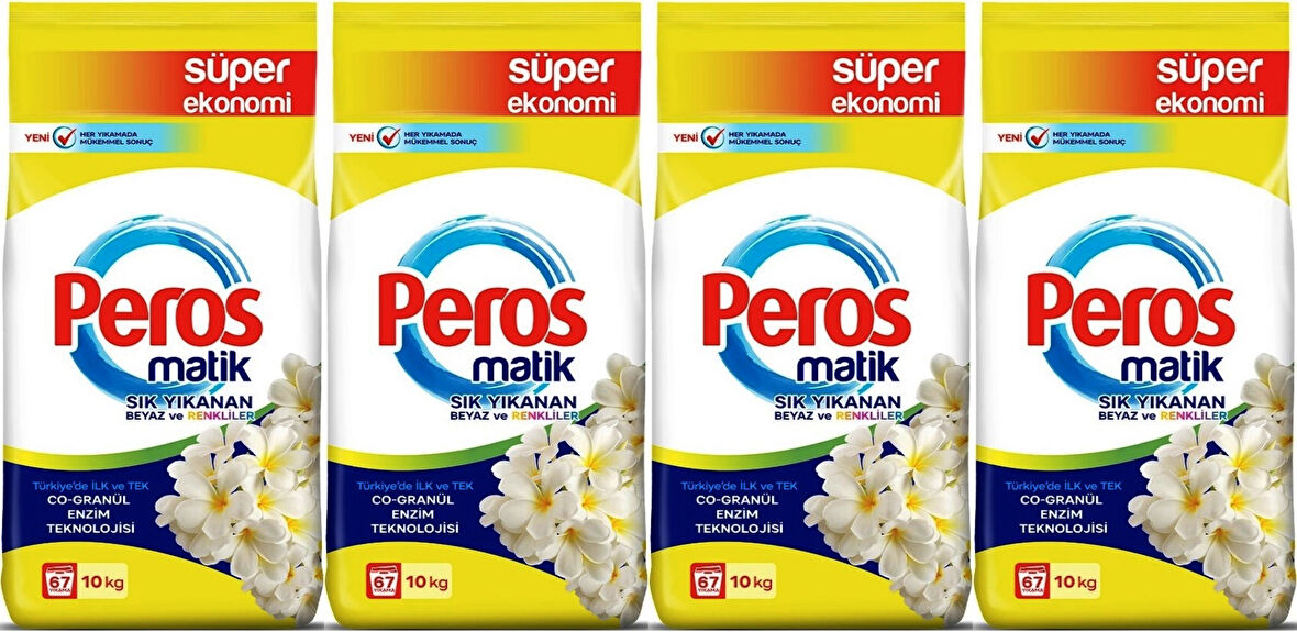Peros Matik Toz Çamaşır Deterjanı 40KG Yasemin Çiçeği (Beyaz ve Renkliler) (268 Yıkama) (4PK*10KG)