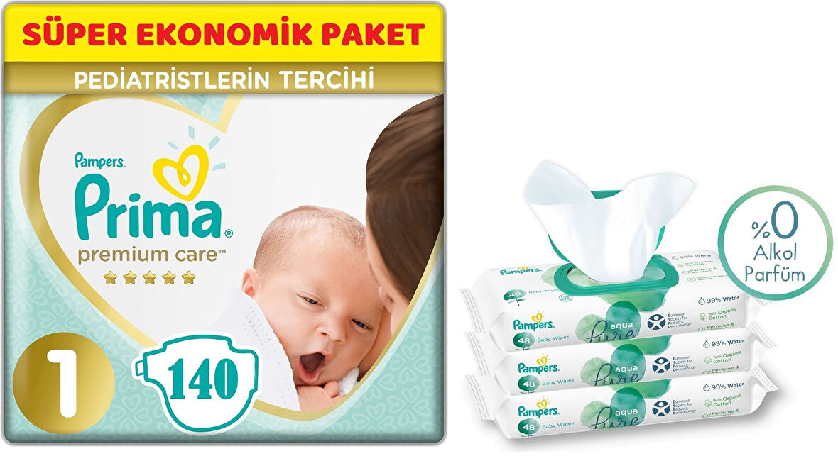 Prima Premium Care Bebek Bezi Beden:1 (2-5Kg) Yeni Doğan 140 Adet + 3 Lü Mendil Süper Ekonomik Pk