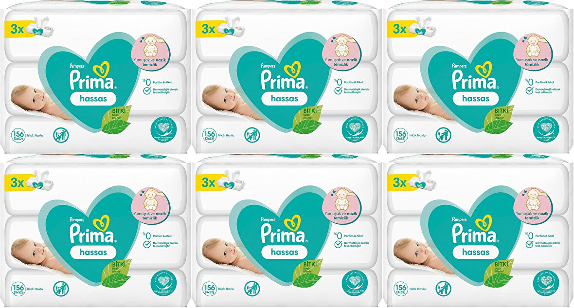 Prima Islak Havlu Mendil Hassas Ciltler İçin Bitki Bazlı Kokusuz (18 Li Set) (6PK*3) 936 Yaprak